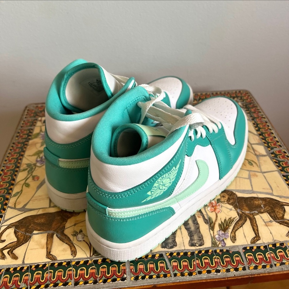 Nike Air Jordan 1 Mid Teal and White Sneakers - Picture 8 of 16